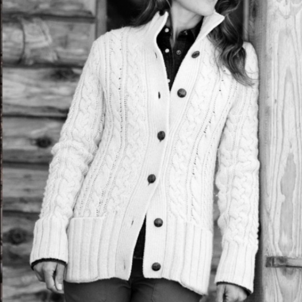 Duluth trading company Fisherman's Sweater, cardigan, wool cashmere Small ivory
